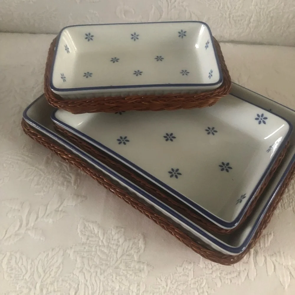 3 Nested White Ceramic Baking Dishes with Blue Trim and Star Motif
